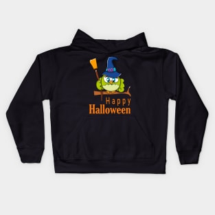 Funny Baby Owl in Witch Hat and Broomstick - Happy Halloween Kids Hoodie